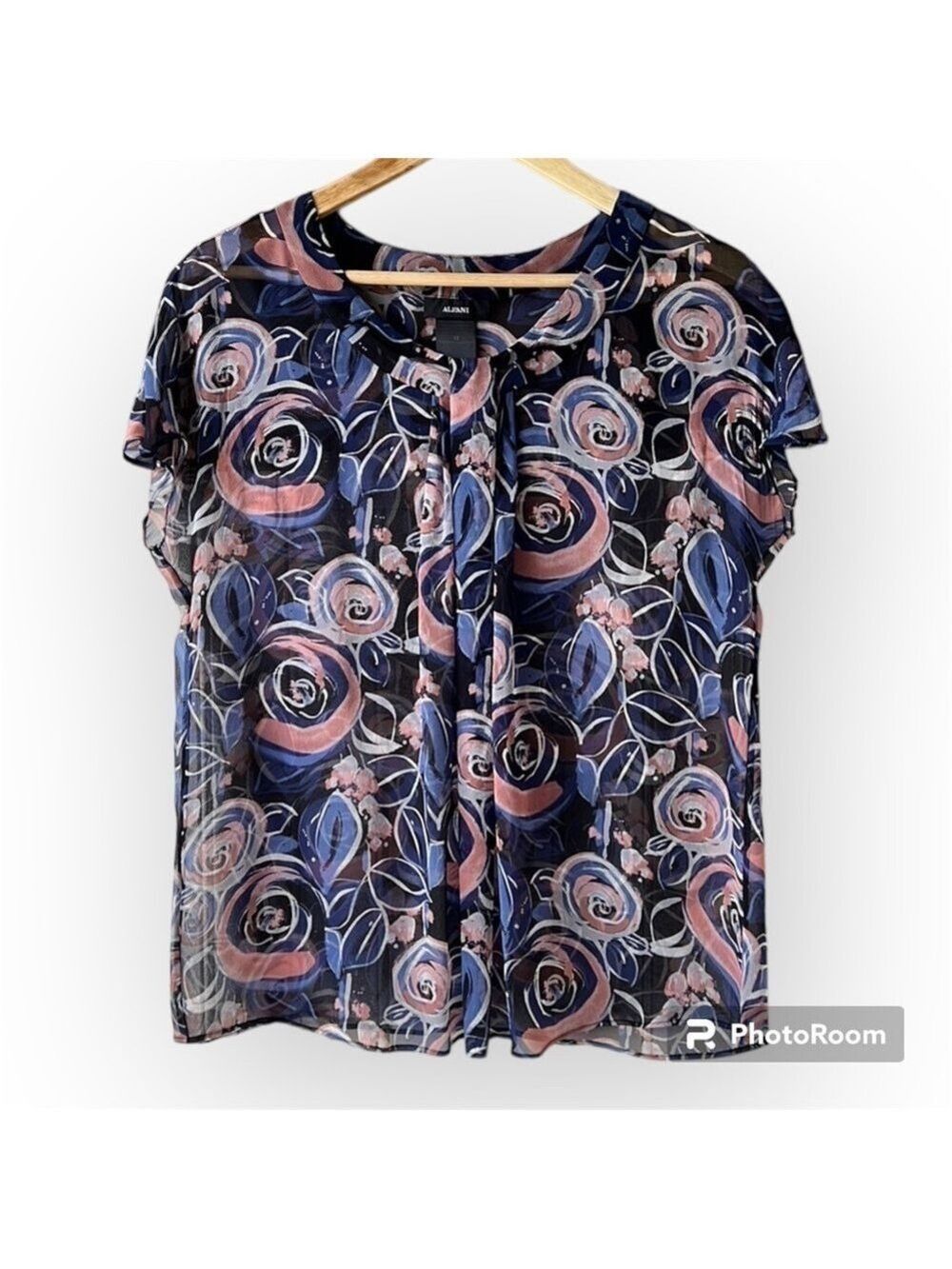 ALFANI Black Silk Abstract Floral Print Sheer Capped Sleeve Blouse Size 12
